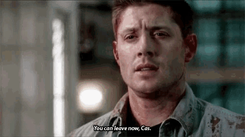 a close up of a man 's face with blood on it and the words `` you can leave now , cas . ''