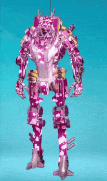 a purple robot with hearts on it 's arms and legs
