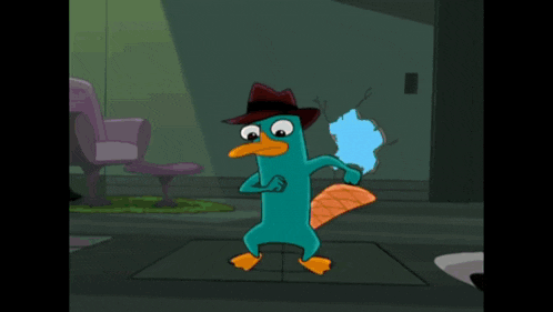 perry the platypus from phineas and ferb is dancing in a room