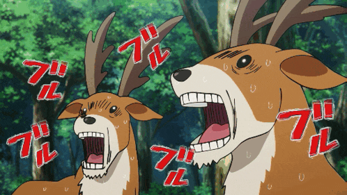 a cartoon of two deer with their mouths wide open and the letters 7l behind them