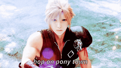 a video game character with the words hop on pony town on the bottom