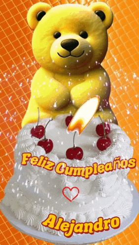 a yellow teddy bear is holding a candle on top of a cake that says feliz cumpleaños alejandro