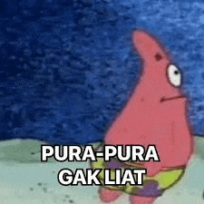 patrick star from spongebob squarepants is standing on a beach and saying pura-pura ga lihat .