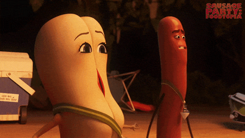 two sausages are standing next to each other in a sausage party advertisement