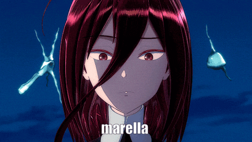 a close up of a red haired anime character with the name marella on the bottom