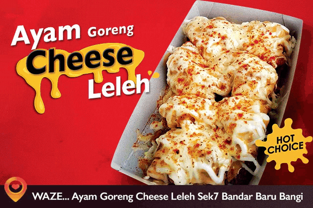 an advertisement for ayam goreng cheese leleh shows a box of food on a red background