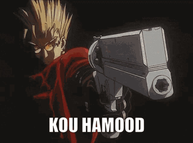 a cartoon character is holding a gun and the words kou hamood are visible