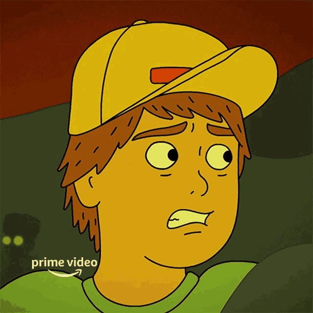 a cartoon of a boy wearing a yellow hat and a green shirt with an arrow pointing to prime video