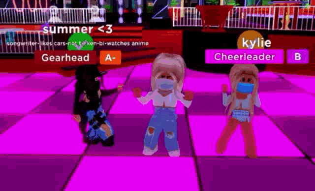 a group of girls wearing masks are dancing on a dance floor .