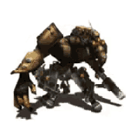 a robot with red eyes is holding a gun and standing on a white background .