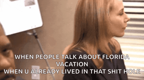 a woman talks about florida vacation while a man looks on