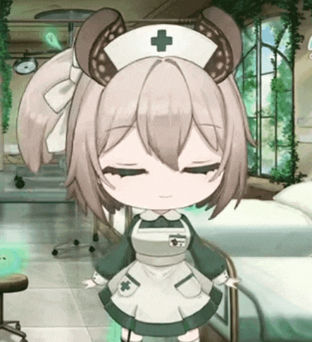 a little girl in a nurse costume is standing in a hospital room .