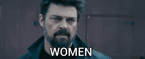 a man with a beard says " women " in front of him