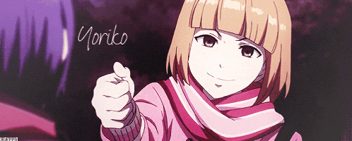 a girl in a pink scarf giving a thumbs up with the name yoriko above her