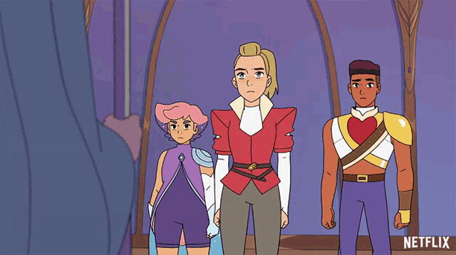 three cartoon characters are standing next to each other with netflix written on the bottom right