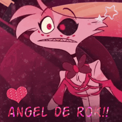 a cartoon character named angel de roar with a heart in the background
