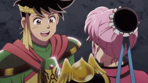 a boy and a girl are standing next to each other and the girl has pink hair