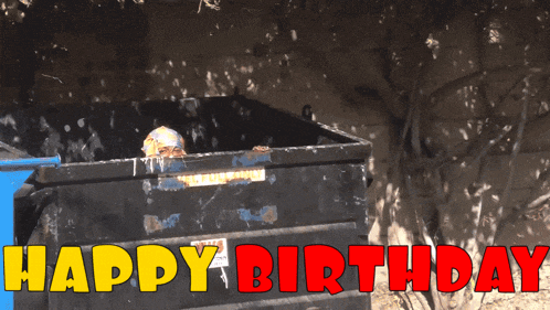 a man in a garbage can with the words happy birthday written on it