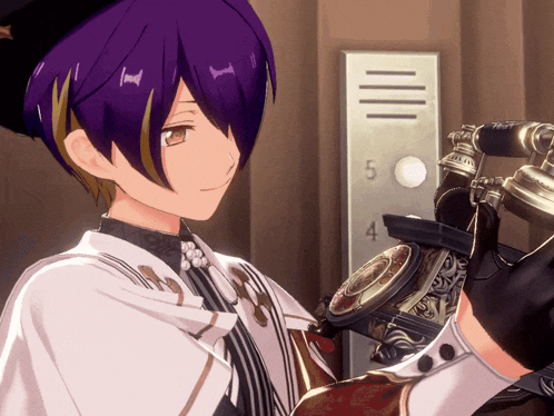 a purple haired anime character is holding a telephone in front of an elevator with the numbers 5 and 4 on it