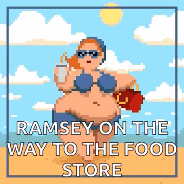a pixel art of a woman in a bikini with the words ramsey on the way to the food store below her