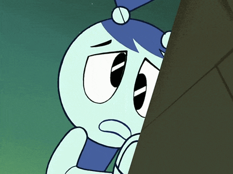 a cartoon character with a sad look on her face is peeking out from behind a wall