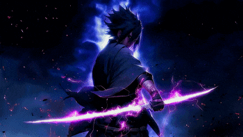 a man is holding a purple sword in his hands
