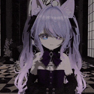 a girl with purple hair and cat ears is wearing a purple top and black gloves