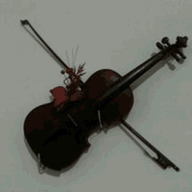 a violin with a bow is hanging on a wall .