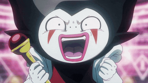 a close up of a cartoon character holding a microphone