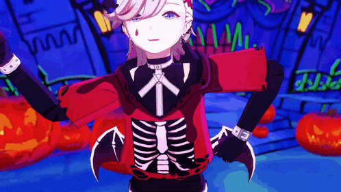 a girl in a skeleton costume is standing in front of pumpkins in a dark room