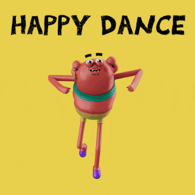 a cartoon character is jumping in the air with the words happy dance behind him