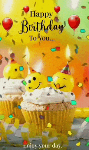 a happy birthday to you greeting card with cupcakes and balloons