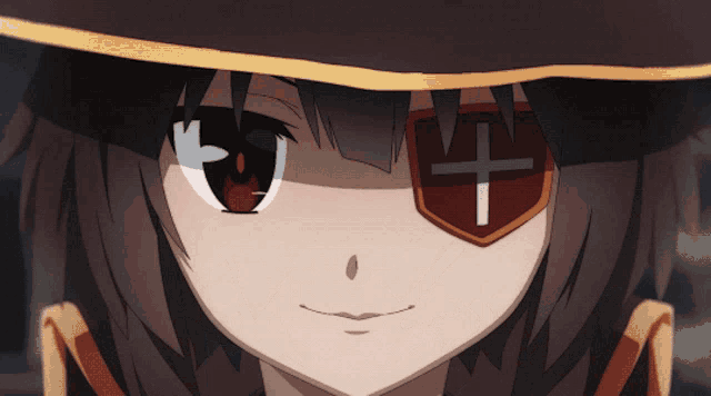 a close up of a girl wearing a hat and shield with a cross on it