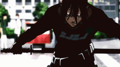 a man in a black shirt is holding a sword in his right hand