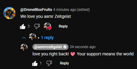 a screenshot of a facebook post that says ' we love you asmr zeitgeist ' at the top
