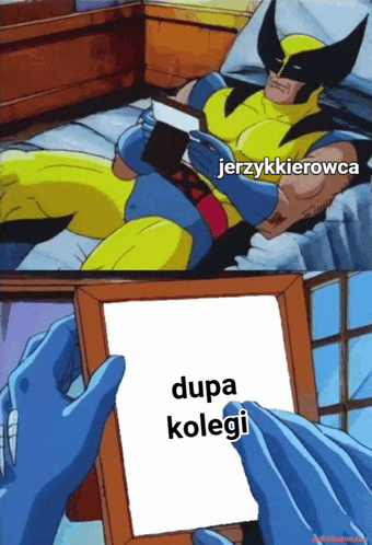 a cartoon of wolverine reading a book and holding a picture frame with the words dupa kolegi written on it