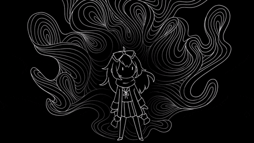 a black and white drawing of a girl standing in front of a swirl of lines .