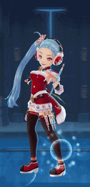 a girl with blue hair is wearing headphones and holding a wand