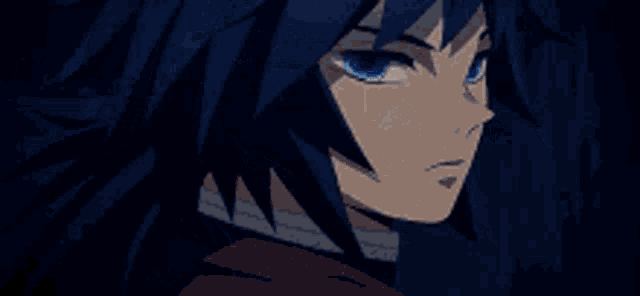 a close up of a anime character 's face with blue eyes