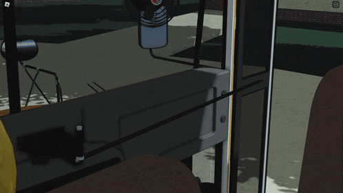 a computer generated image of the inside of a bus with a microphone on the dashboard