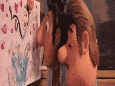 a couple of cartoon characters are looking at a drawing
