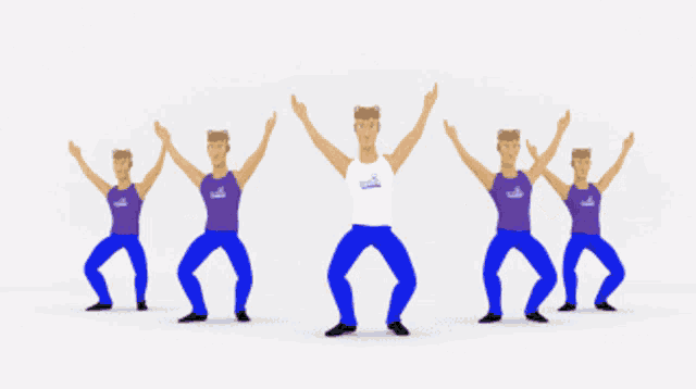 a group of men in purple shirts and blue pants are dancing
