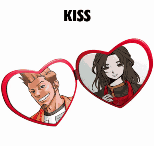 a man and a woman are shown in a heart shaped mirror with the word kiss above them