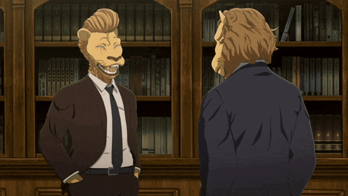 a cartoon of a lion in a suit looking out a window