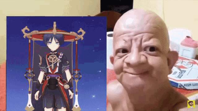 a picture of a cartoon character next to a picture of a bald man 's face