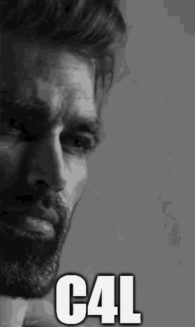 a black and white photo of a man with a beard and the words `` c4l '' .