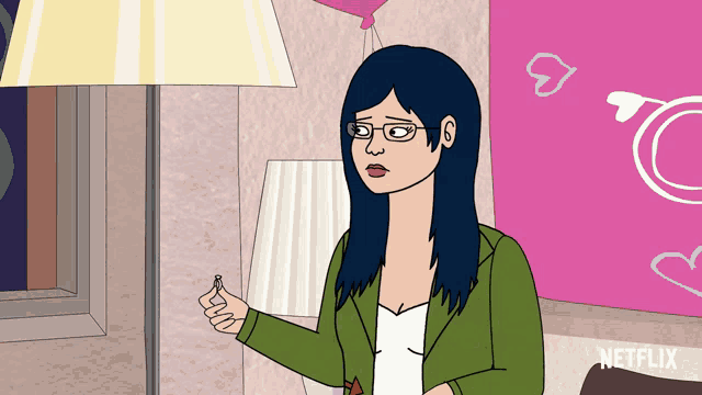 a cartoon of a woman in a green jacket with a netflix logo in the corner