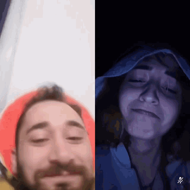 a man in a red hat and a woman in a blue hoodie are shown side by side