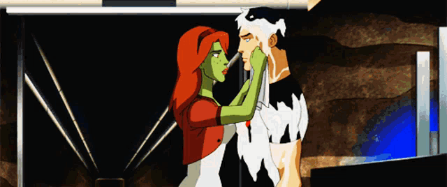 a cartoon of a woman touching a man 's face with a towel