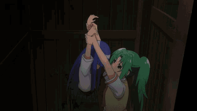 a green haired anime character with a white face
